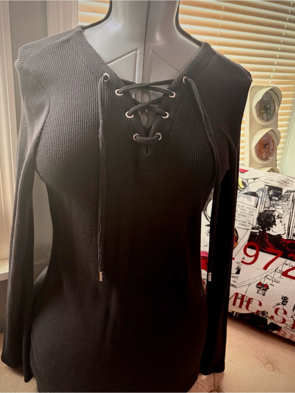 Michael Kors Black Lace-Up Long Sleeve Knit Top